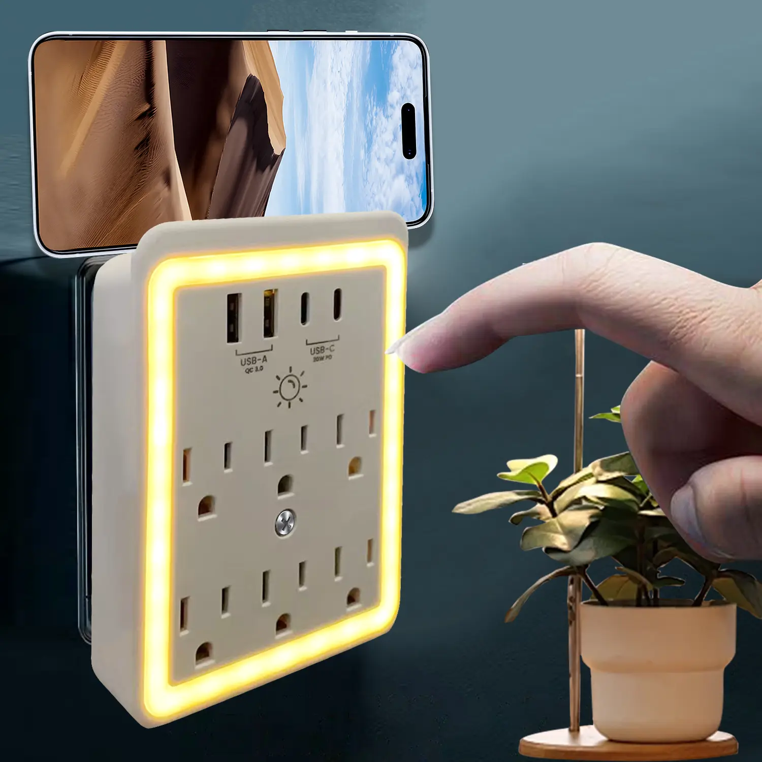BEJUVG Multi-Plug Surge Protector Wall Outlet Extender - Modern Socket, 3-Side Space Saver, 6 Adapter-Spaced Outlets, 4 USB Ports (2 PD20W USB-C Fast Charging), Night Light, Surge Guard, ETL-Certified for Indoor Use