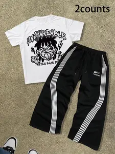 Two-Piece Set Men's Cartoon Face Print Tee & Star Print Tracksuit Set, Loose Casual Comfy Round Neck Short Sleeve T-shirt & Pants, Men Two-piece Outfits for Daily Wear Clothes