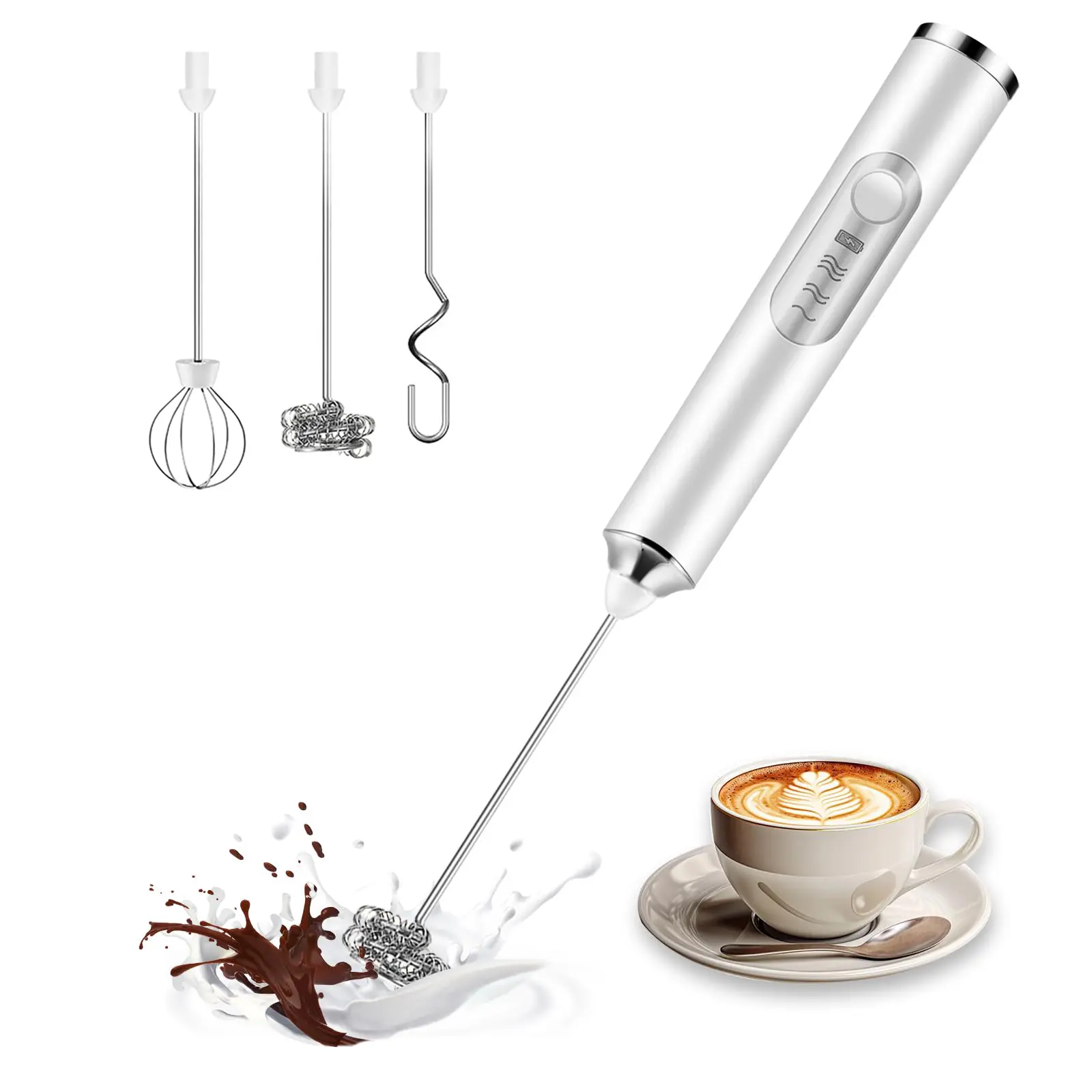 Electric Coffee Blender with 3 Heads, Portable Handheld Milk Frother, USB Rechargeable Beverage Blender, 3 Speed​​ Adjustable Coffee Frother Wand, Latte, Cappuccino, Juice rechargeable milk frother