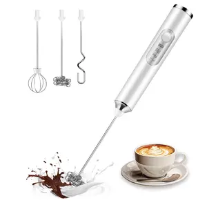 Electric Coffee Blender with 3 Heads, Portable Handheld Milk Frother, USB Rechargeable Beverage Blender, 3 Speed ​ ​   Adjustable Coffee Frother Wand, Latte, Cappuccino, Juice - White/Black