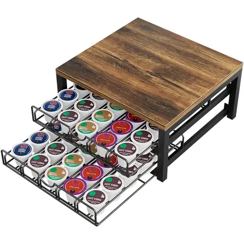 LINZINAR Metal Coffee Pod Drawer - Coffee Bar Accessories, 2-Tier 2-Layer Holder, Rectangle MDF Board Space Saver, 50-Pod Capacity, Durable Waterproof Tabletop Corner Shelf for Kitchen Counter Use