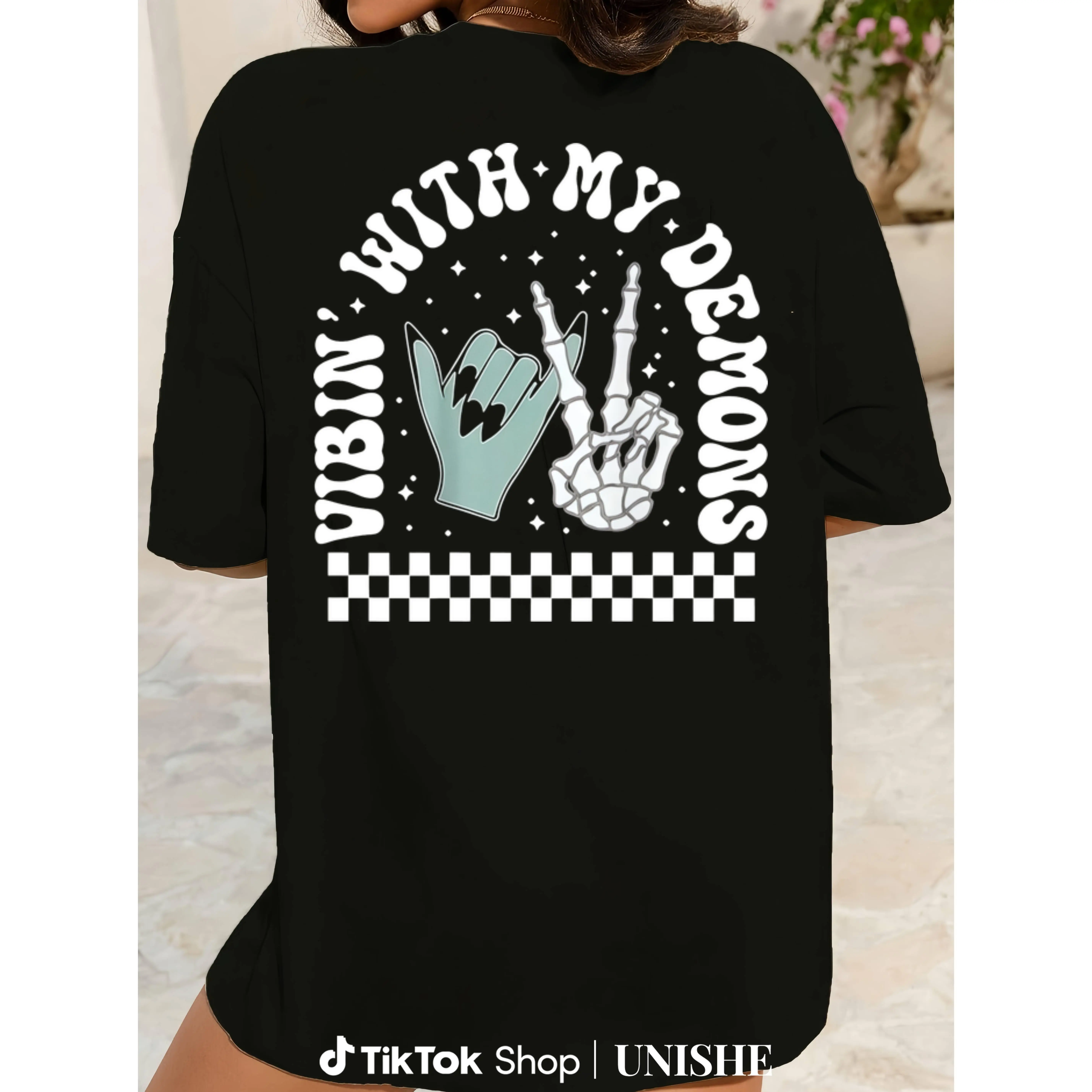 Skeleton Design Halloween T-Shirt – Good With My Demons Front/Back Print, Black