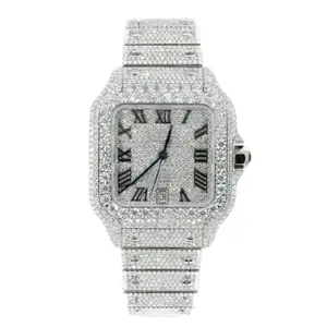 Men's Fashion Analog Watch - Automatic Movement, Metal Strap, 26-Carat Moissanite Gemstone, Square Dial Wristwatch, Roman Numerals, Luminous, Polished Finish