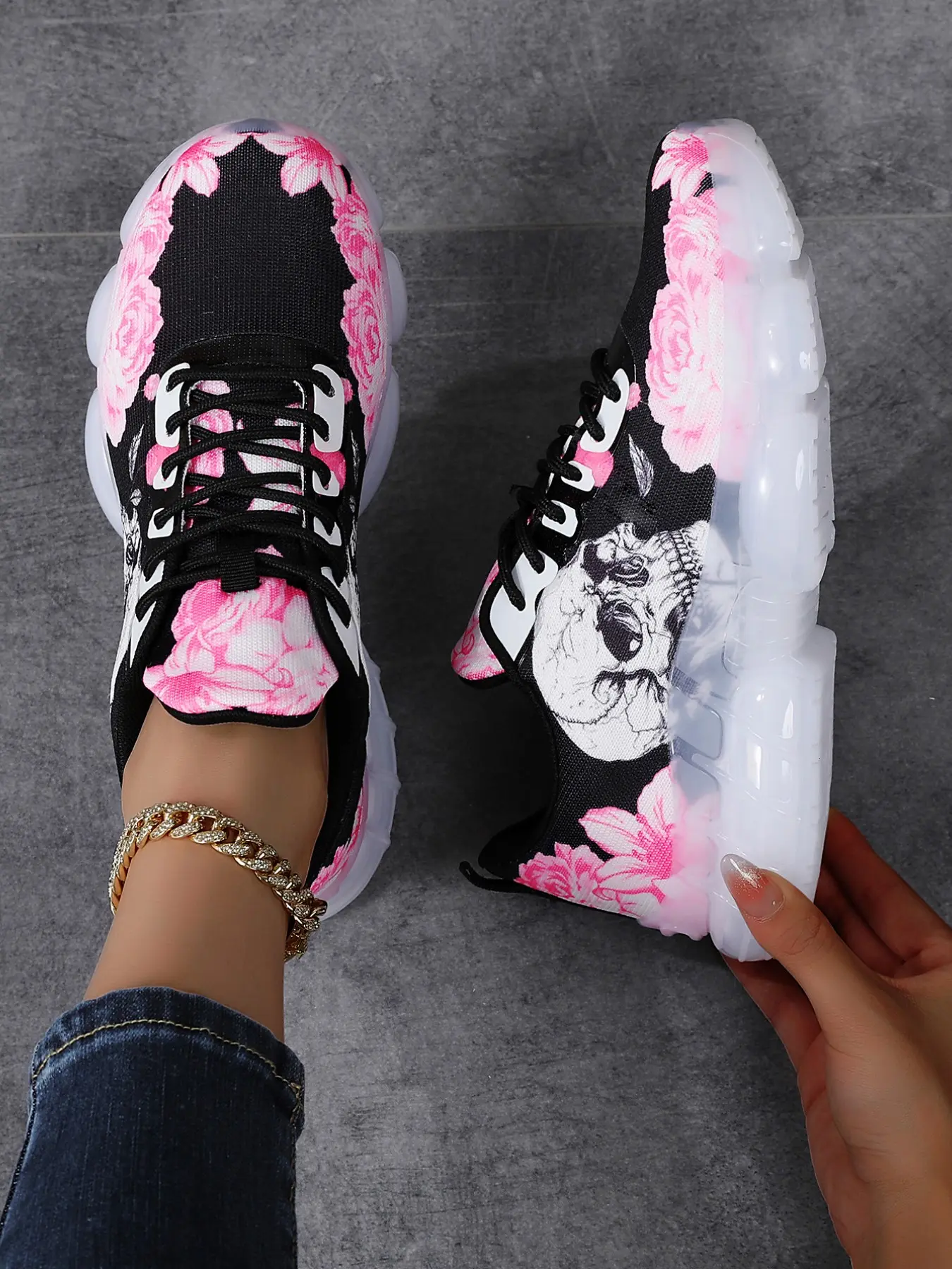 Women's Rose & Skeleton Print Lace Up Sneakers, Casual Comfortable Thick-soled Height-increasing Chunky Sneakers, Outdoor Travel Training Shoes, Stylish, Trendy Walking Sneaker