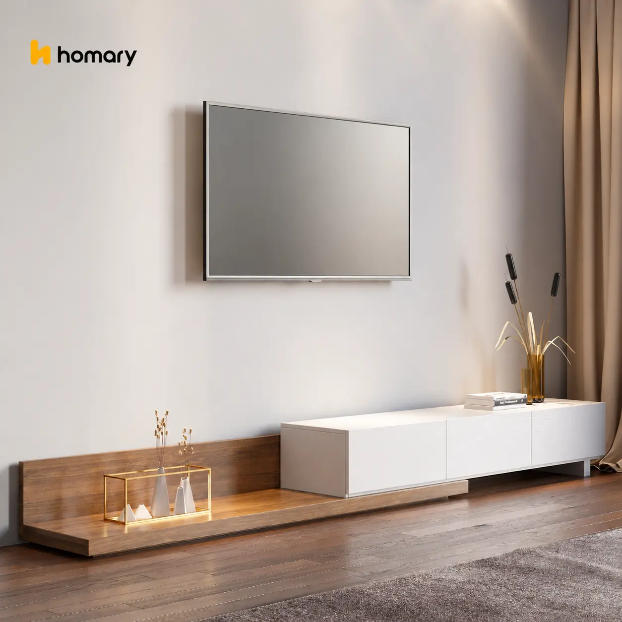 Homary Modern Walnut Rectangular Extendable Wood TV Stand - MDF Engineered Wooden TV Cabinet Sideboard with 3 Drawers, Adjustable Length (84"-110"), Tv Stand Wood, Wooden Tv Stand
