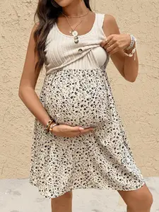 MaterniRIO Cream Yellow Floral Patchwork Round Neck Sleeveless Front Center Fake Placket Maternity Nursing Dress Summer Dresses For Women