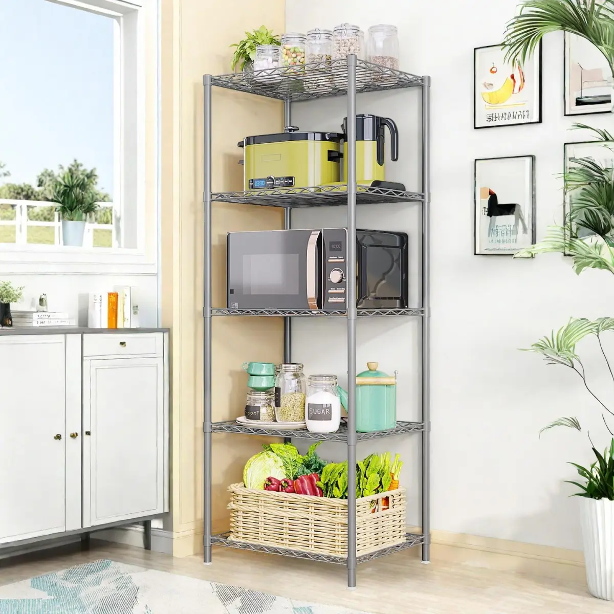 5-Layer Heavy-Duty Steel Rectangle Wire Shelving Rack - Freestanding, 360-Degree Rotatable Home Organizer with Cushioned Bottom, Anti-Slip Anti-Rust Durable Metal Storage Rack for Kitchen, Bedroom, Garage, Utensils & Tools Stay Put, Daily Use Load Support