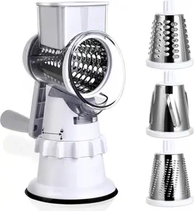 Rotary Cheese Grater Hand Crank - Mandoline Vegetable Slicer with 3 Stainless Steel Blades, Cheese Shredder for Fruit Vegetables Nuts - White