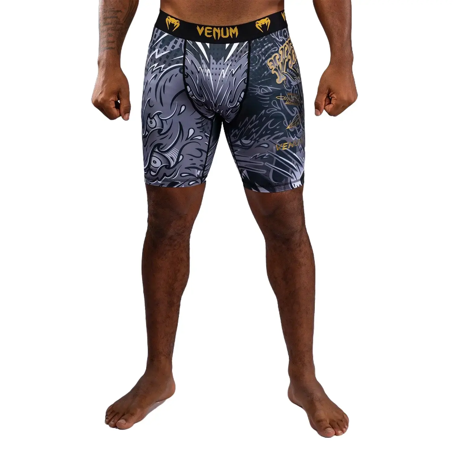 Venum Wolf Atak Vale Tudo Shorts - Black/Grey, Lightweight Athletic Compression Shorts with Second Skin Fit for Training, Combat Sport, S