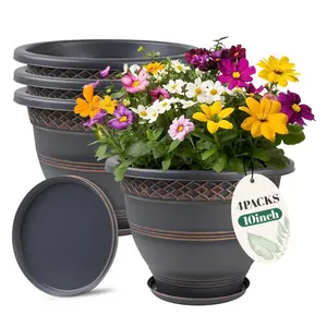 4 Pack 10 Inch Plant Pots, Plastic Indoor Outdoor Flower Pots with Drainage Holes & Saucers, Plaid Pattern Planters for Herbs and Garden Plants