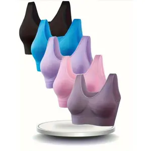 [Plus Size Bras] 5pcs Plus Size s Bras | No Padding Single-Layer Backless Design, No Underwire & Seamless Comfort for Running Workouts - 4 Colors (Black/Blue/Pink/Lavender) Medium Support Breathable Stretch Fabric