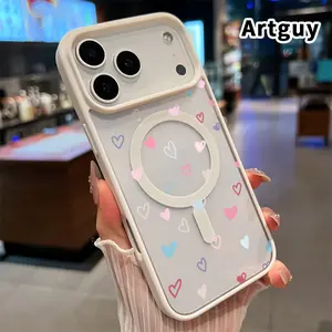 Compatible with iPhone 17 Pro Max 16 Plus 15 14 13 12 11 XR Air E Magnetic  Case Hearts in Whisper Acrylic Back TPU Edges Clear Shockproof Air-Guard Corners Cellphone Cover for Boy