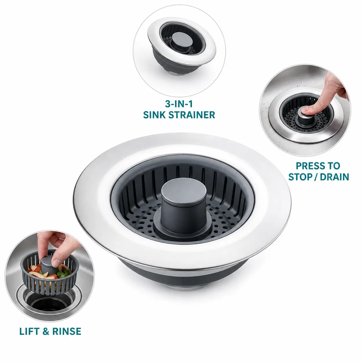 TioLooxy 3 in 1  Kitchen Sink Stopper, Pop Up Kitchen Sink Drain Strainer, with an Extra Basket Strainer, Kitchen Sink Drain Stopper for US Standard 3-1/2 Inch, Brass Material Electroplate Silver Stainless Steel Kitchen Sink Aid Trio