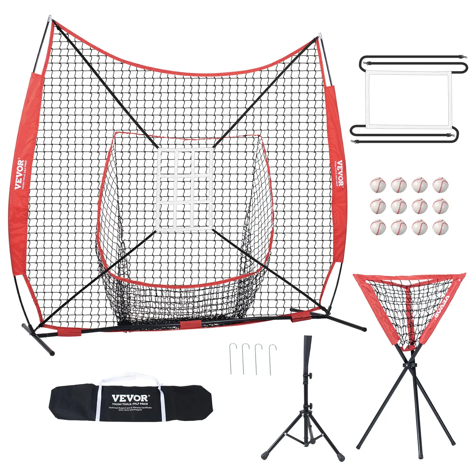 【Summerfinds】VEVOR 7x7 ft Polyester Baseball Batting Cage Net Kit, Portable Bow Frame with 21.9 Lbs / 9.92 Kg Weight, Adjustable Batting Tee, 12 White Baseballs, Ball Collector, Strike Zone, Carry Bag for Hitting & Pitching Backstop