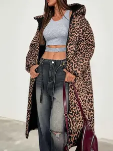 Women's Lightweight Casual Fashion Essential Leopard Print Jacket, Long Slim Fit Winter Coat, Warm Polyester Filled Outerwear for Fall & Winter, Womenswear