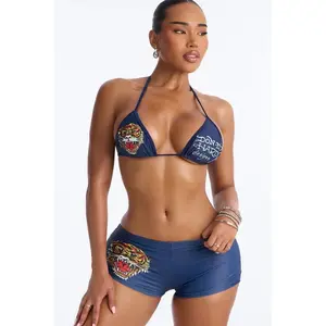 Ed Hardy Tiger Rhinestone Boyshort 2 Piece Bikini - Navy/combo I