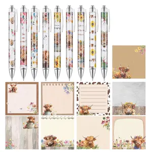 18PCS Highland Cow Stationery Set, 9 Highland Cow Gel Pens + 9 Highland Cow Sticky Notes, Cute Kawaii Writing Set with Pens & Memo Pads, Aesthetic Office Supplies, Desk Accessories, Highland Cow Gifts