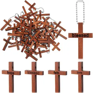 100 Pcs 4 Styles Small Wooden Cross Charms for Jewelry Making Hanging Favors Cross Keychain Christian Gifts Rustic Solid Wood Pendant for Men Women DIY Craft Necklace Bracelet Earring Key Chain