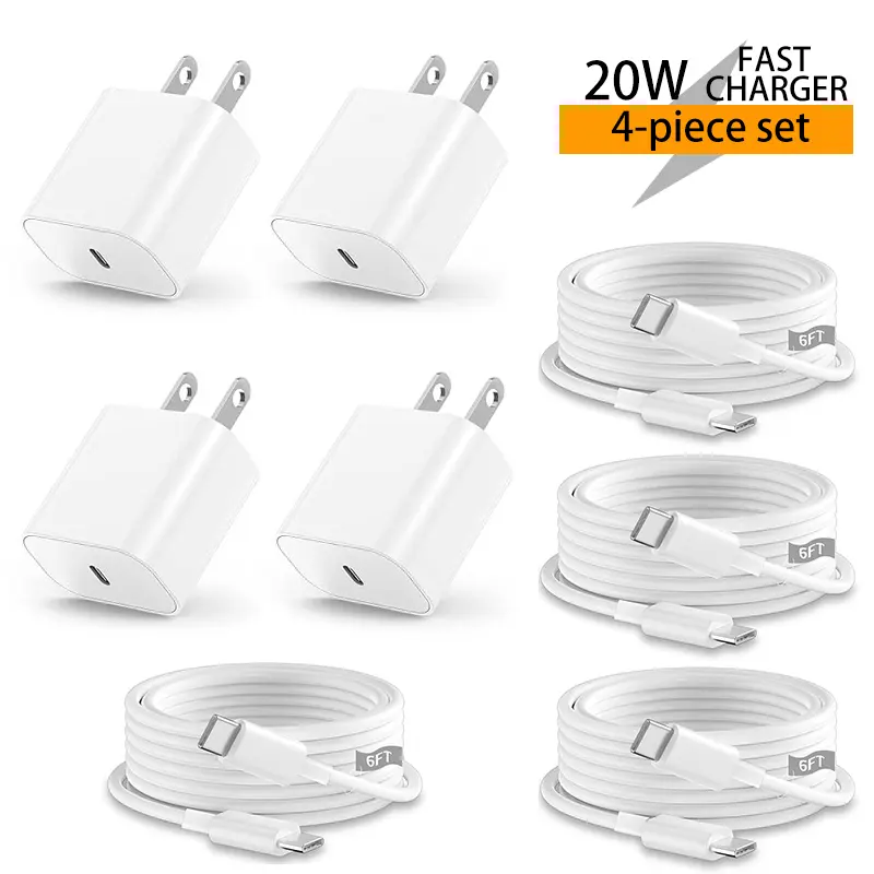 4-Pack 20W USB C Charger Block, Fast Wall Plug Charger with 4-Pack 6FT Type C Charging Cable, PD Power Adapter Compatible with iPhone 15 16 17 All Models, AirPods, MacBook, Android Phones, Fast Charging Solution for Travel and Everyday Charging