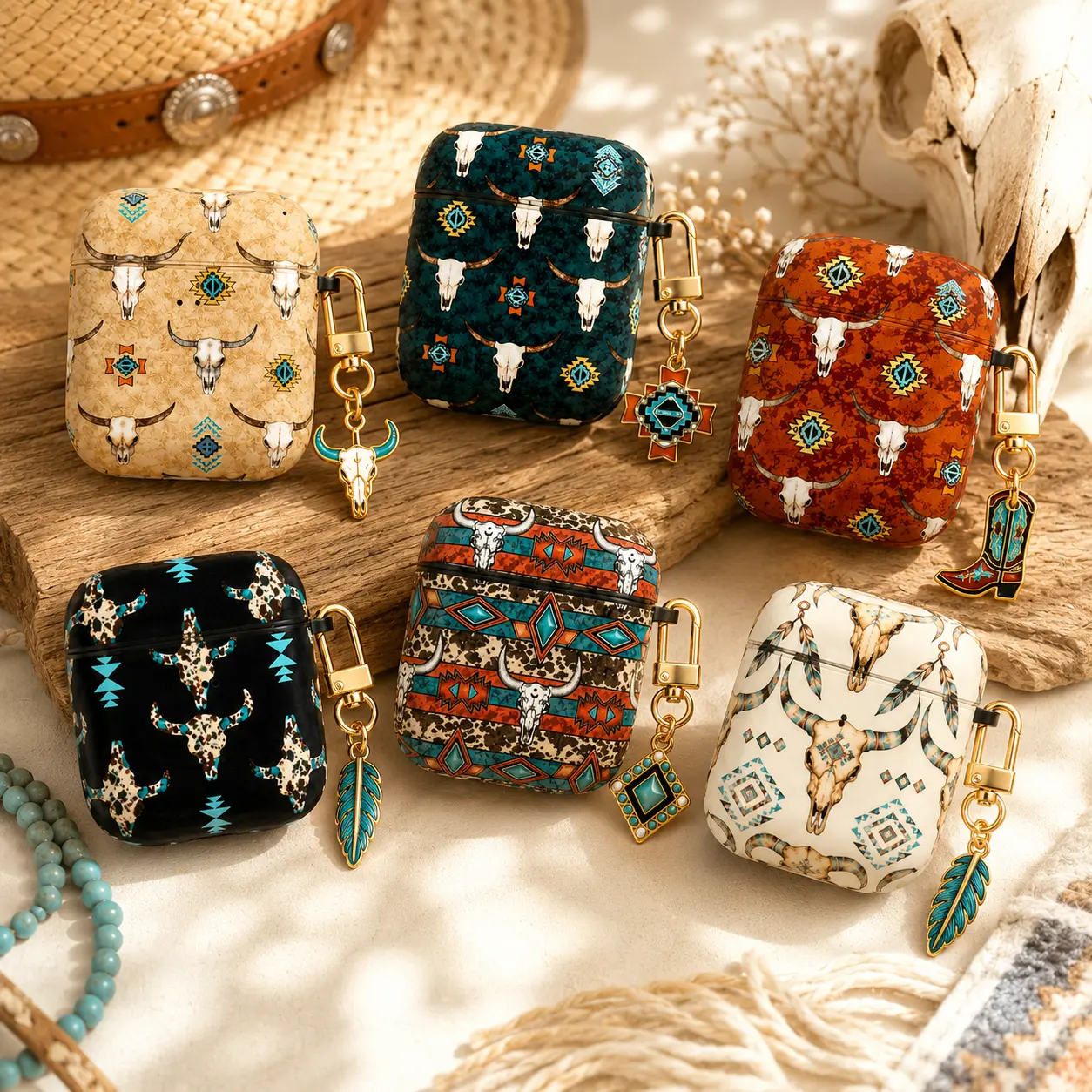 NO KEYCHAIN | Western Longhorn Skull AirPods Case, Cowgirl Turquoise AirPods Pro Case, Southwestern Bull Skull AirPods Cover, Rustic Western Gift for AirPods Gen 1 2 3 4 Pro