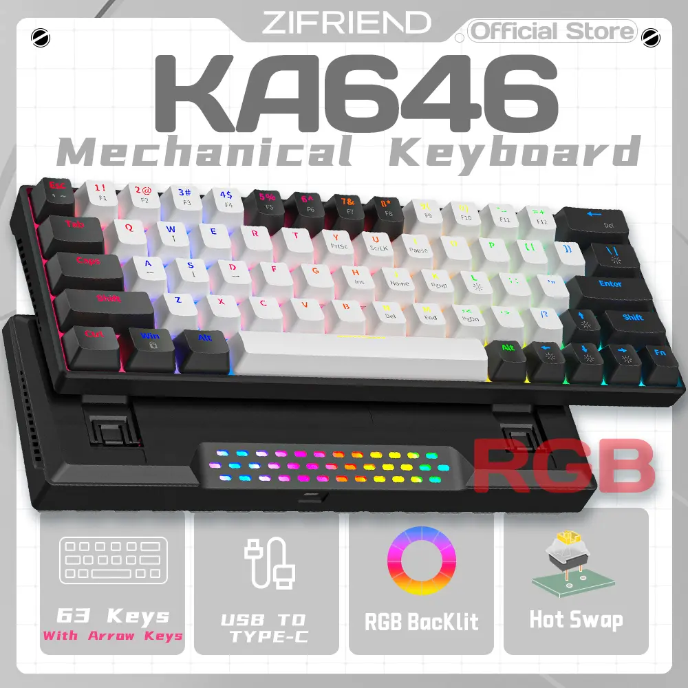 ZIFRIEND KA646 Ergonomic Mechanical Keyboard, 63-Key Wired 60% Mini Size RGB Backlit, ABS Keycaps, 3-Pin Hot Swappable Blue/Red Switches, Transparent Aula F87 Pro Gummy Bear Keycaps, Keycap Puller, Creamy Design for Work, Compatible