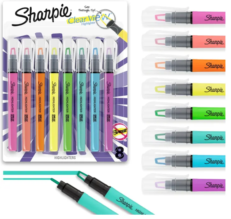 Sharpie Clear View Highlighter Sticks, Chisel Tip Highlighter Market Set, Essential School & Teacher Supplies, Smear Resistant, Assorted Color Highlighters, 8-Pack