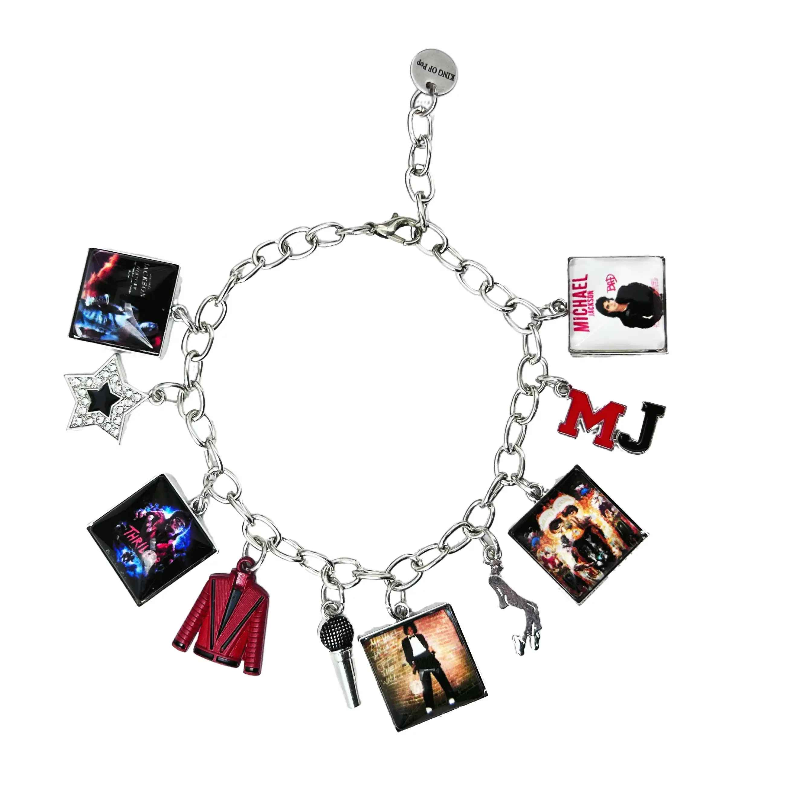 Vintage Pop Music Charm Bracelet, Collectible Link Chain Jewelry with Microphone, Jacket & Album Charms, Unisex Music Fan Gift