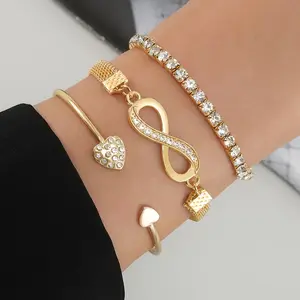 3 Pcs Vintage Elegant Rhinestone Bracelet Set - Adjustable Heart & Infinity Symbol Bangle, Stylish Alloy Open Cuff for Daily Wear & Gift Occasions