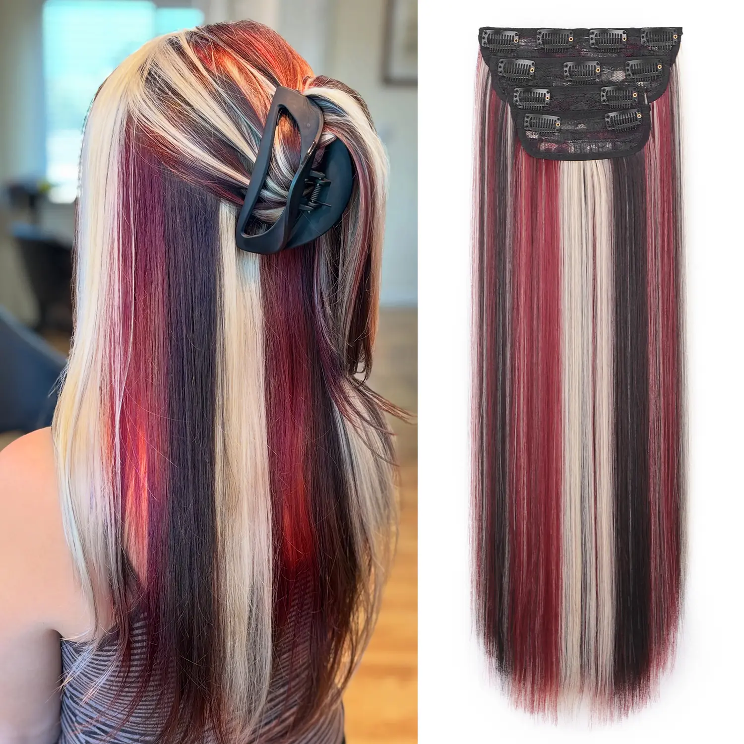 Women's 20 Inch Straight Synthetic 4-Piece Layered Clips Hair Extensions, Blond Brown mix Wine Red, Tangle-Resistant, Casual, Adds Volume & Volume Boost Straight Synthetic Hairpieces, Extensions Hair, Easy Volume