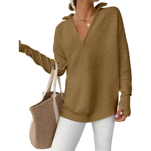 ANRABESS Womens Long Sleeve Quarter Zip Pullover Sweater Casual Loose V Neck Collared Ribbed Knit Jumper Tops Thumb Hole