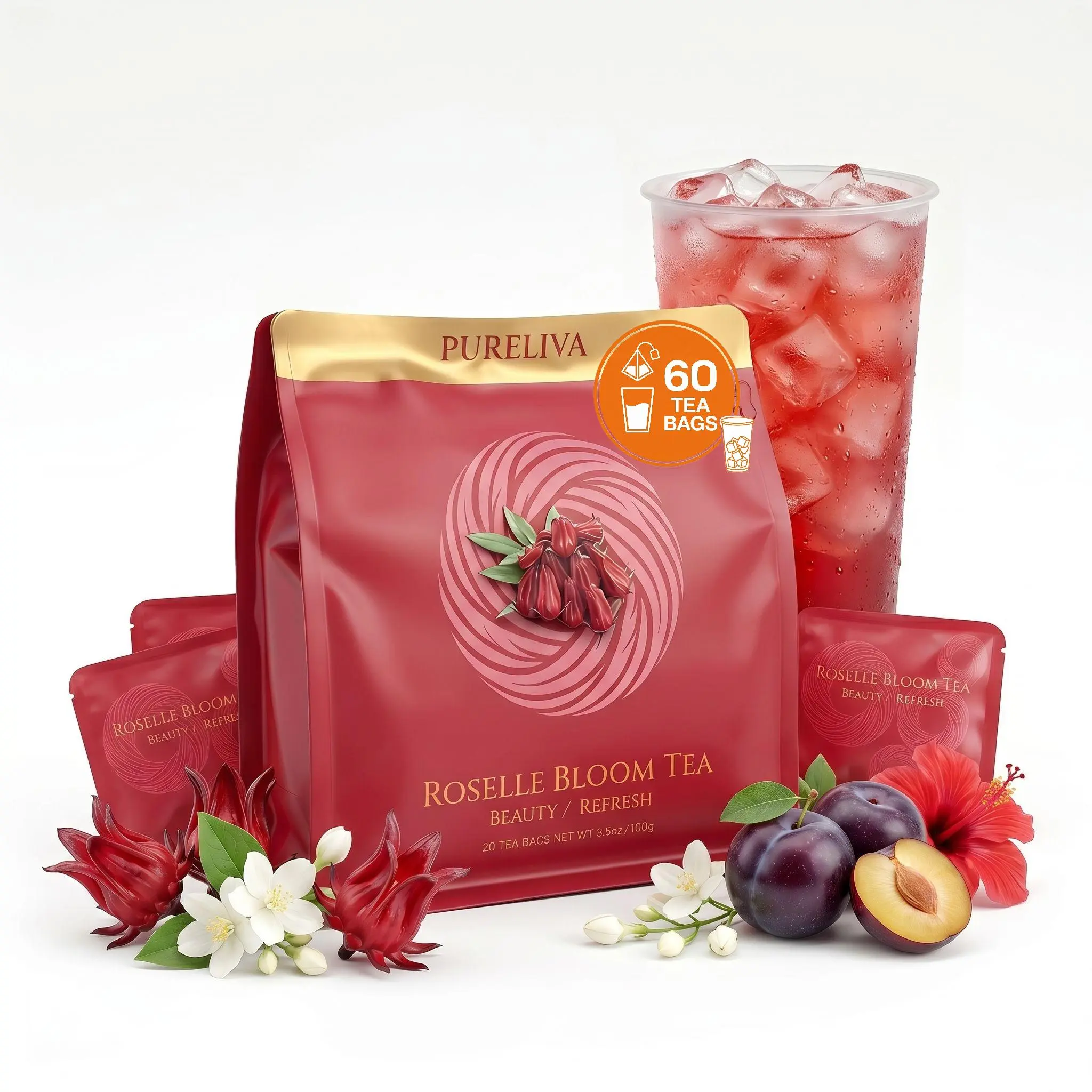 PURELIVA Caffeine-Free Natural Herbal Teabags, 20-Count Roselle Jasmine Blend with Plum, 6 months shelf life, Refreshing Floral Fruity Beverage for Relaxation & Sleep Support