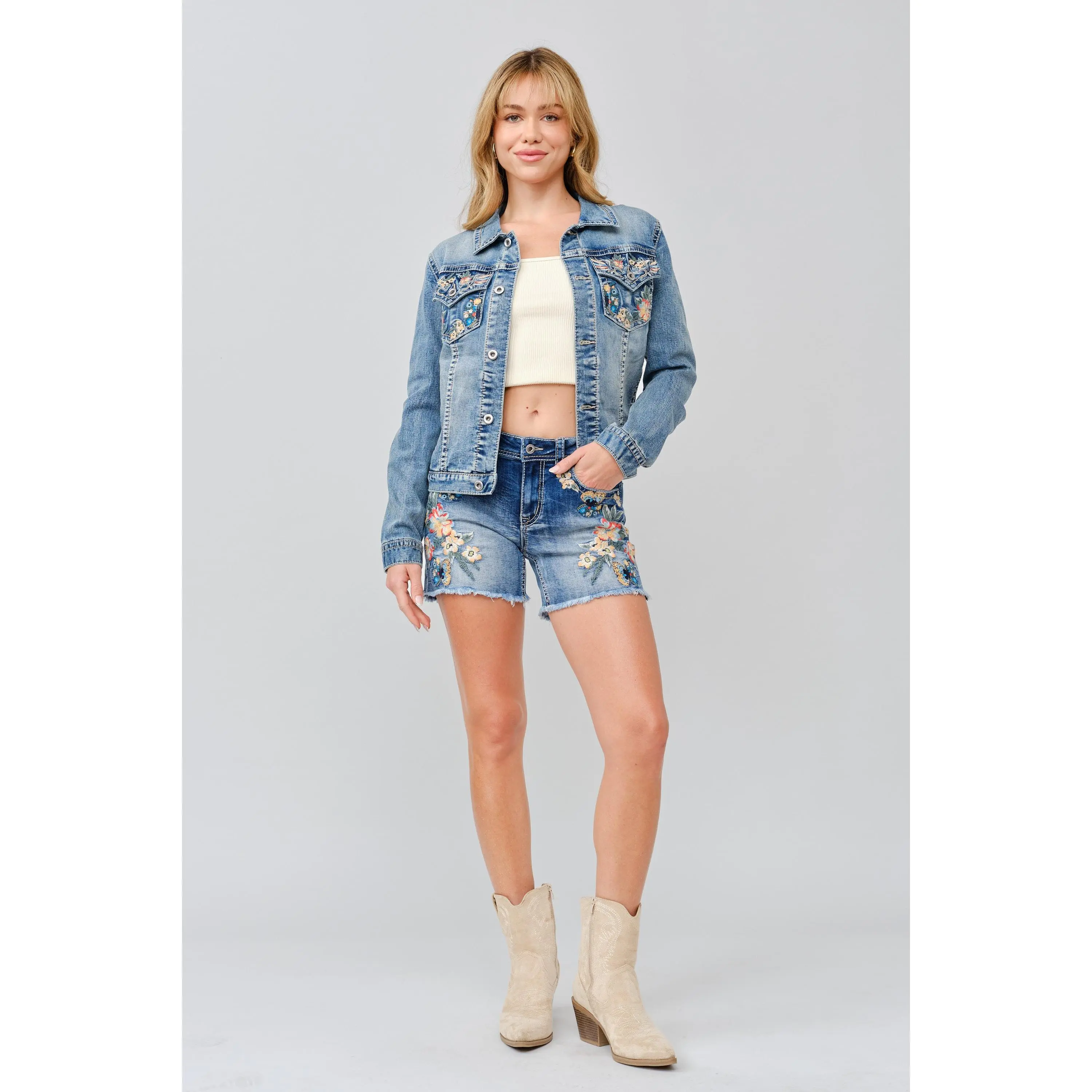Butterfly Embroidered Denim Jacket Women Western Floral Cropped Cowgirl Boho Coat
