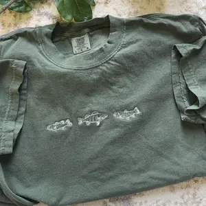 Fish Sporting Embroidered Pullover T Shirt, Embroidered Ultra Soft Tee, Cute Every Day TShirt Comfort Cotton Fabric Top Comfortable