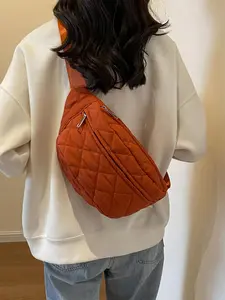 Women's Solid Color Quilted Fanny Pack, Fashionable Argyle Embossed Zipper Chest Bag for Daily Used, Casual Trendy Versatile High-quality Daily Commuting Bag