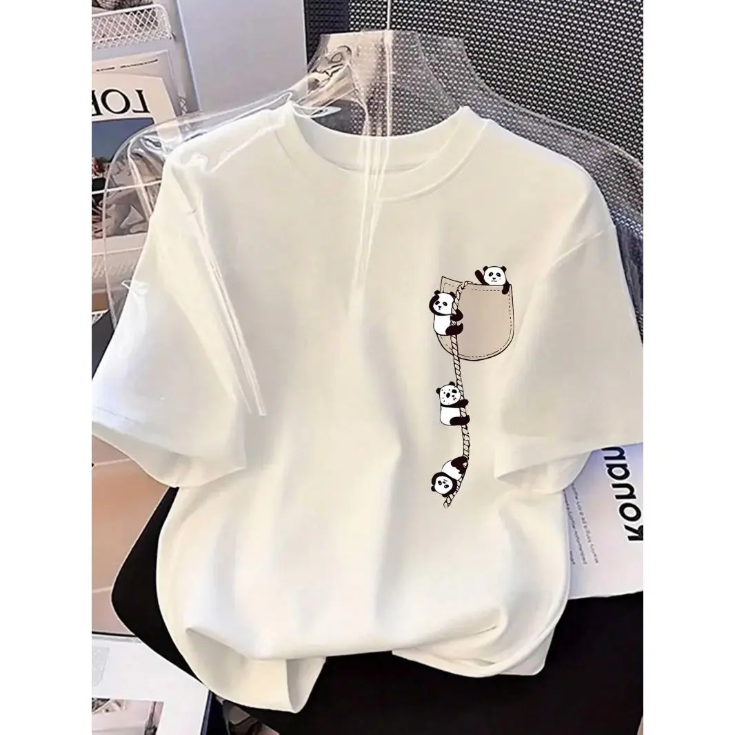2026 Fashion New Arrival Women's Round Neck Panda Print Fashion Short Sleeve Summer Casual T-Shirt, T Shirts, Women's T Shirts
