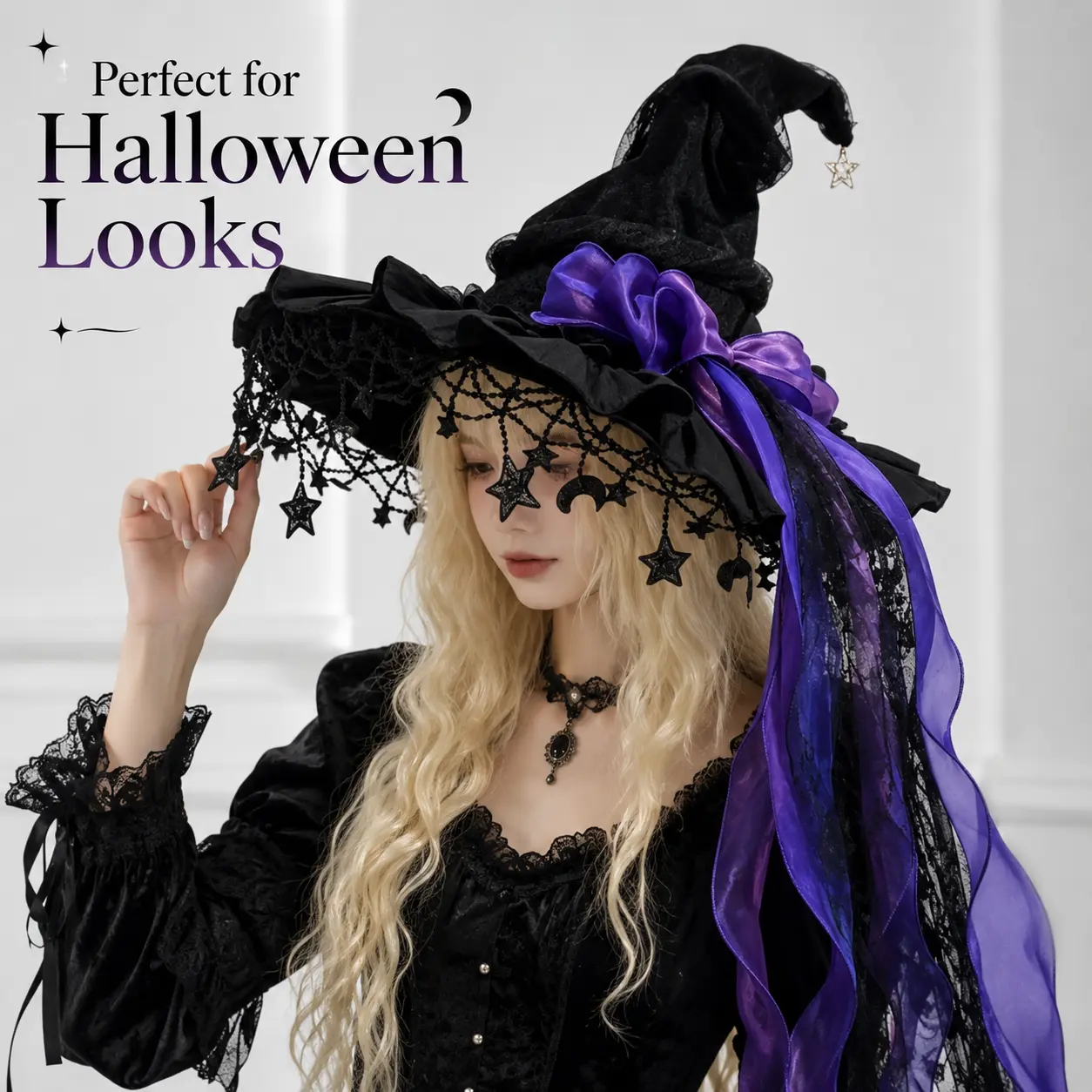 Gothic Witch Party Hat - Black Wide-Brim Lace Hat with Purple Bow, Star & Moon Charms, Long Ribbons for Cosplay & Dress Up