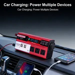 Portable Vehicle Power Converter DC 12V to 110V AC 3 AC Outlets 4 USB Fast Charging Ports 5000W Peak Power Car Inverter for Outdoor Travel RV Truck Boat and Home Emergency Power Supply