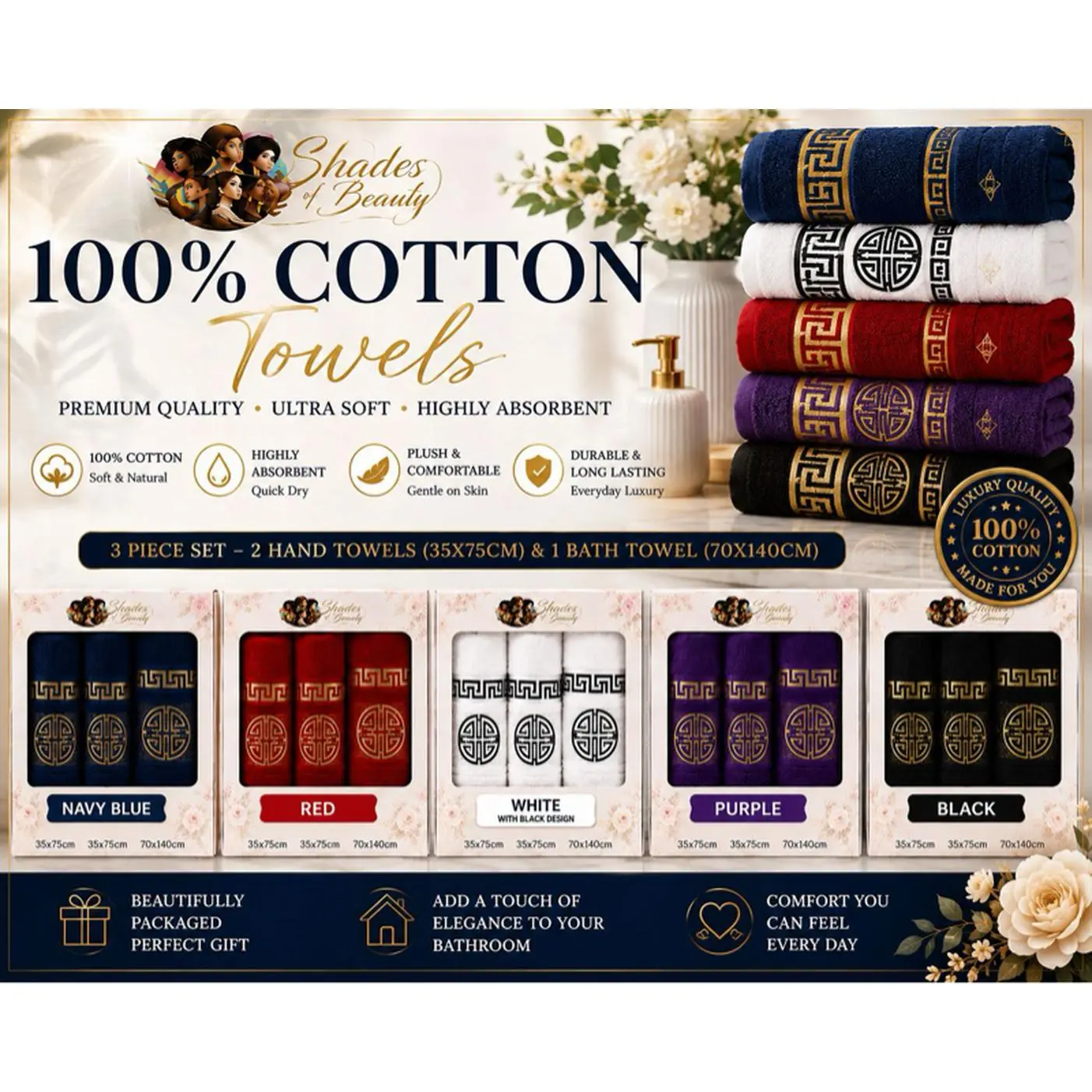 Shades of Beauty 100% Cotton Towels - 3 Piece Set, Ultra Soft & Highly Absorbent, 2 Hand Towels & 1 Bath Towel, Navy Blue, Red, White, Purple, Black