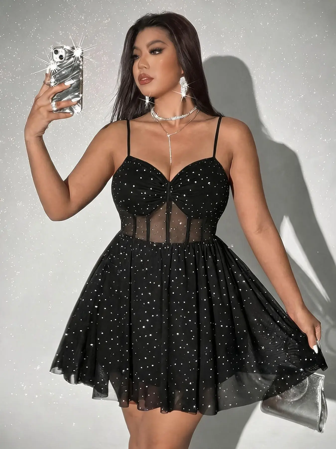 Large size women's dress, elegant, sexy and Chic sequined mesh A-line short skirt, sleeveless spaghetti strap suspender dress bridesmaid dress, elastic waist design, suitable for parties and gatherings, very eye-catching, Elegant Classy Flattering