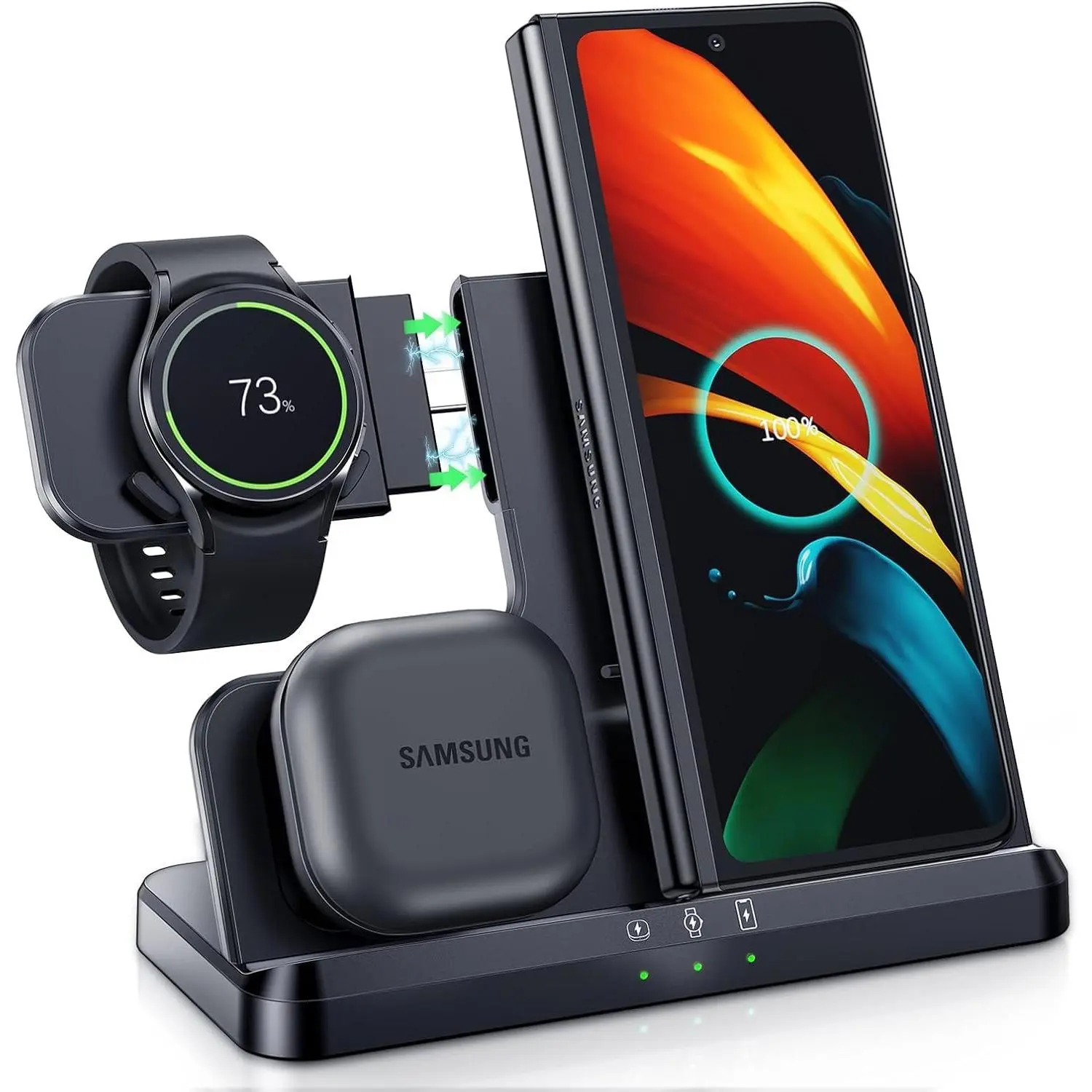 P-CGR01    Wireless Charger for Samsung 3 in 1 Wireless Charging Station for Galaxy Watch Charger Compatible for Samsung S25 Ultra Plus S24 S23 S22 S21 Z Fold Flip 7/6/5/4, Galaxy Watch 8/7/6/5 Pro/4/3(Black), Lights, Led