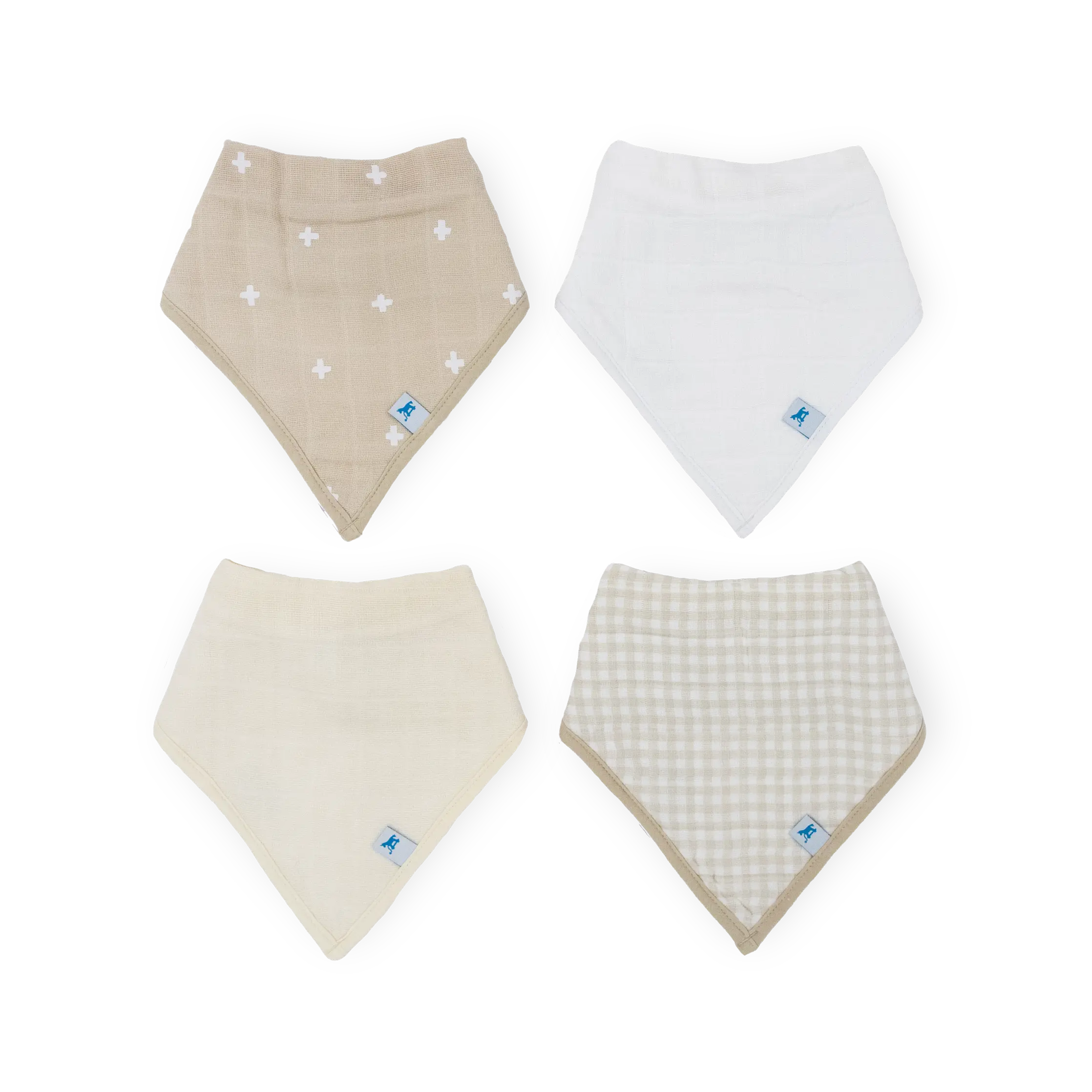 Cotton Muslin + Fleece Bandana Bib 4 Pack - Taupe Cross