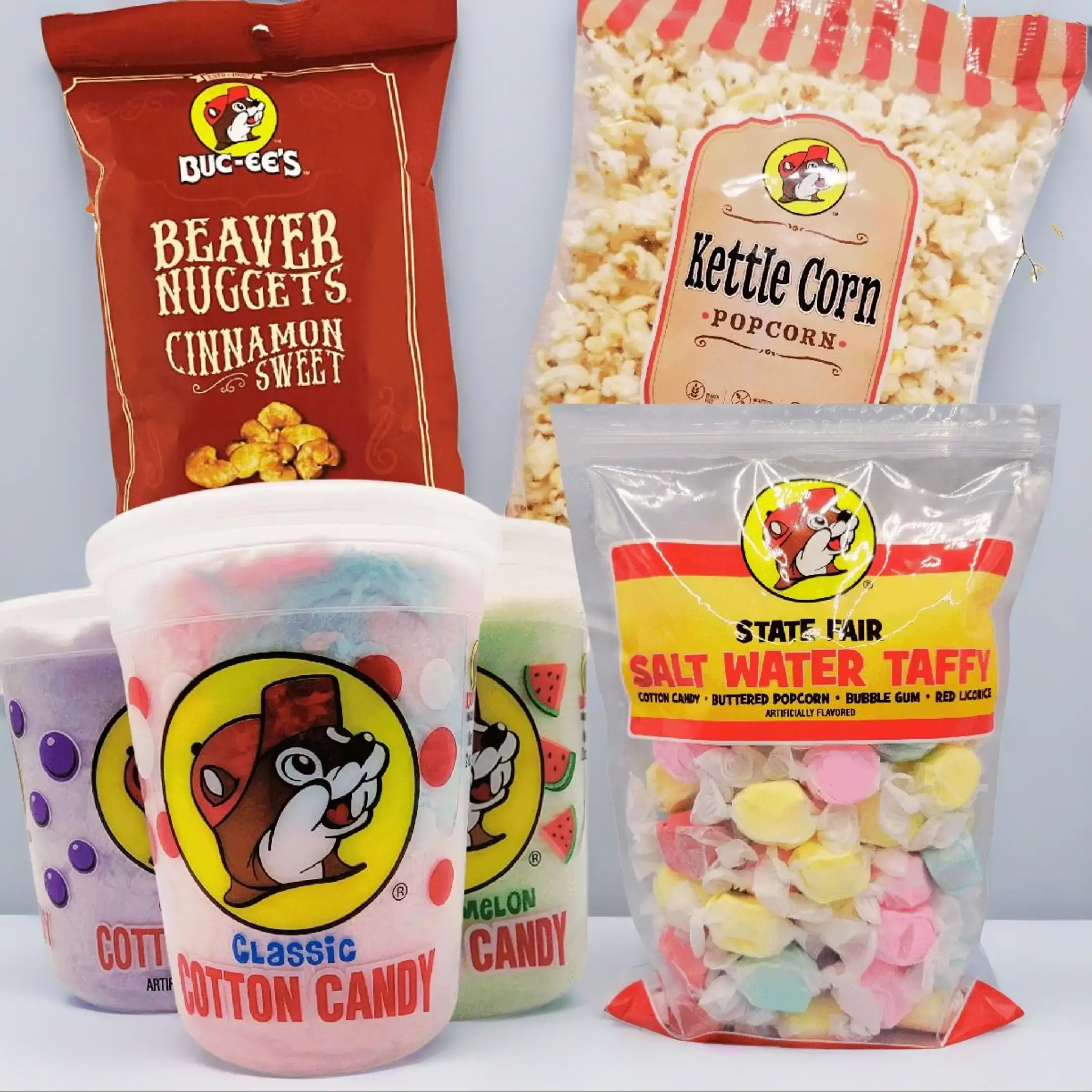 Buc-ee's 4 Piece Fall Snack Bundle with State Fair Taffy, Cinnamon Sweet Beaver Nuggets, Cotton Candy 3 Pack and Kettle Corn Popcorn - Texas Gift with Free Reusable Grocery Tote Bag candy pack Bonbon