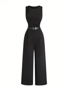 Women's Wide Leg Ruched One-Piece Dress Pantsuit, Jumpsuits, Belted Casual Minimalist Basic Style, Sleeveless, Slim Fit, Perfect for Commuting & Dates