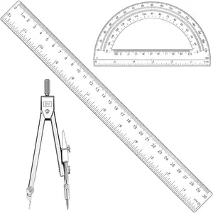3 Pcs Plastic 12 Inch Ruler Clear Protractor and Compasses Set for Student Geometry Durable Transparent Drawing Measuring Rulers for School Office