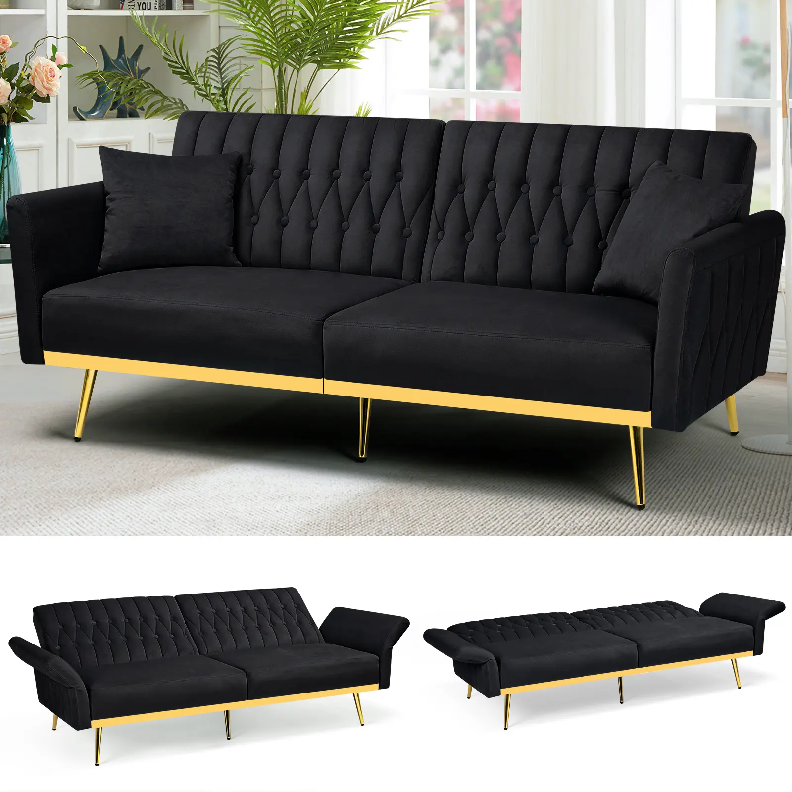 ACMEASE 70 In Velvet Modern Convertible Futon Couch - Loveseat Sleeper, Couches for Living Rooms, Adjustable Arms, Extendable Seat, 2 Pillows, Assembly Required for Bedroom