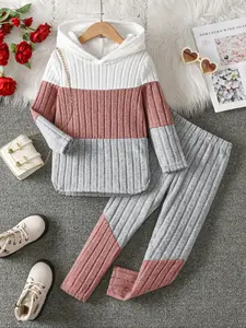 Girls' Fall Winter Two-Piece Set, Colorblock Long Sleeve Top & Pants, Casual Comfortable, Perfect Gift Idea
