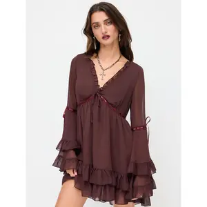 Cider Chiffon V-neck Lettuce Trim Bowknot Ruffle Mini Dress