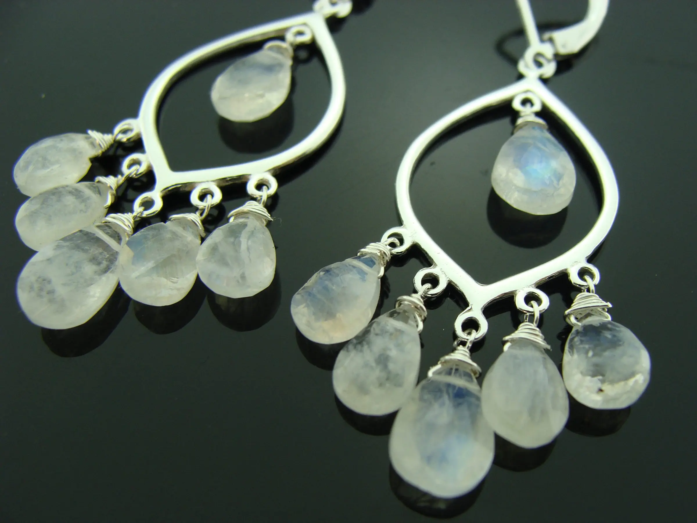 Rainbow Moonstone Chandelier Earrings · 925 Sterling Silver · Leverback · Flashy Gemstone Drops · June Birthstone Gift for Her
