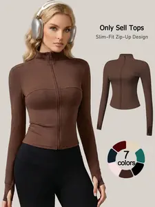 women zip up jacket long sleeve waist shaping Fit figure flattering stand collar yoga wear casual versatile trendy solid loungewear comfy all season skin friendly pajamas thumb hole daily active airport travel Tops