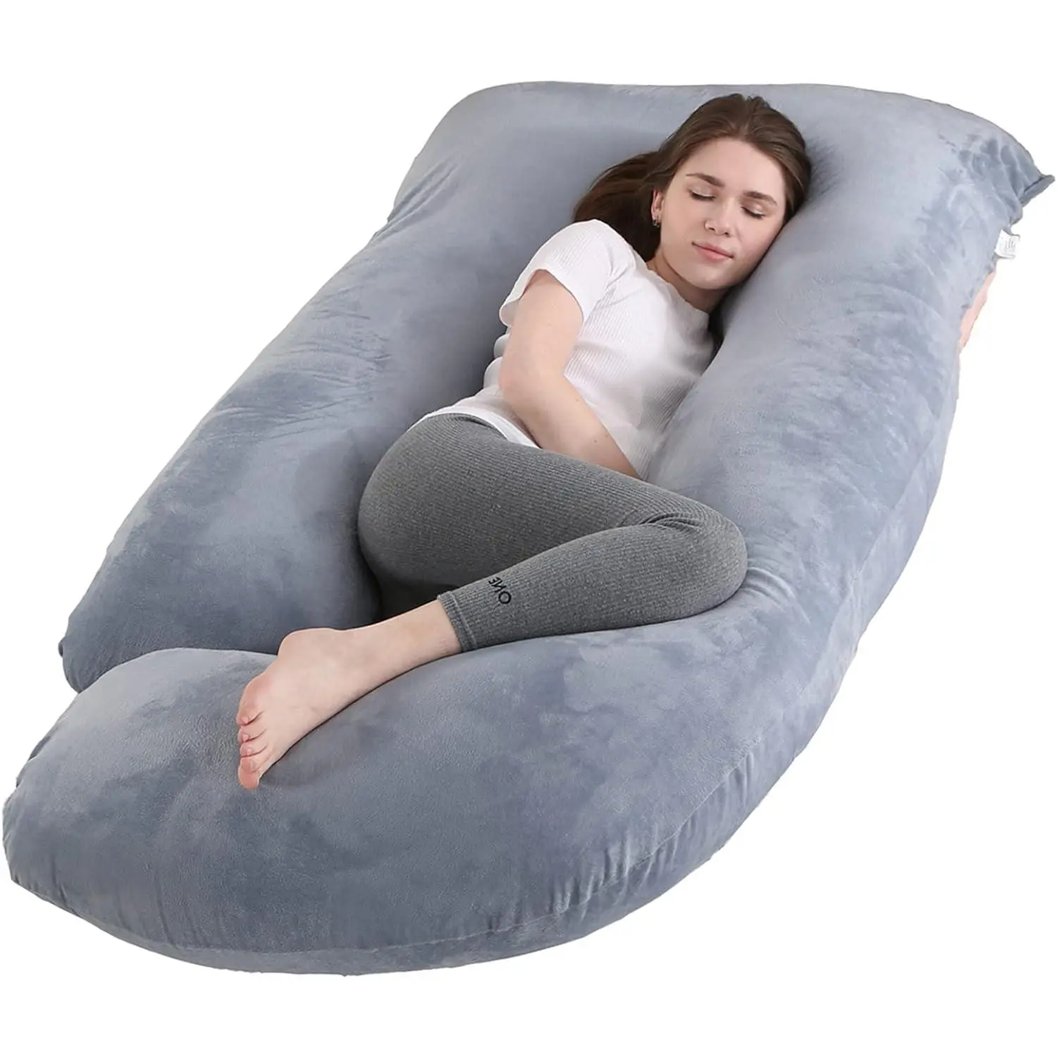 J-Shaped Pregnancy Pillow, 55-Inch Velvet Full Body Pillow for Pregnant Women, Contoured Support for Back, Hips, and Legs for Pain Relief, Removable Machine Washable Cover, Gray, Pillows